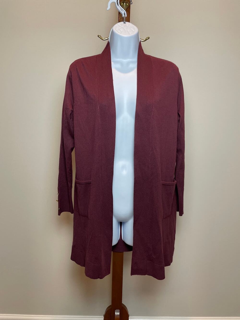Appleseed’s Cardigan Size Petite S Burgundy Open Front Knit Long Sleeve NWT